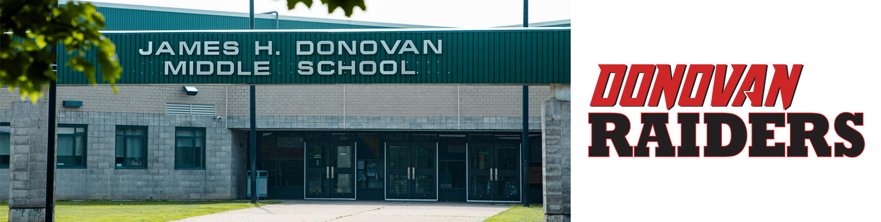 Fotografia e ndërtimit të Donovan School dhe logos Donovan Raiders